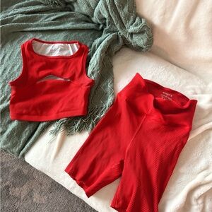 Year of Ours Red Ribbed Crop Top and Shorts Set